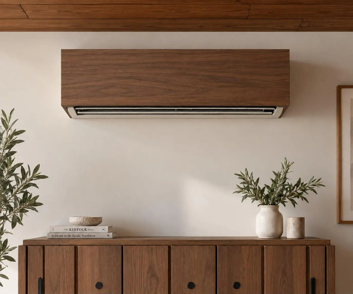 Wooden mini split AC cover - slatted front view - natural wood